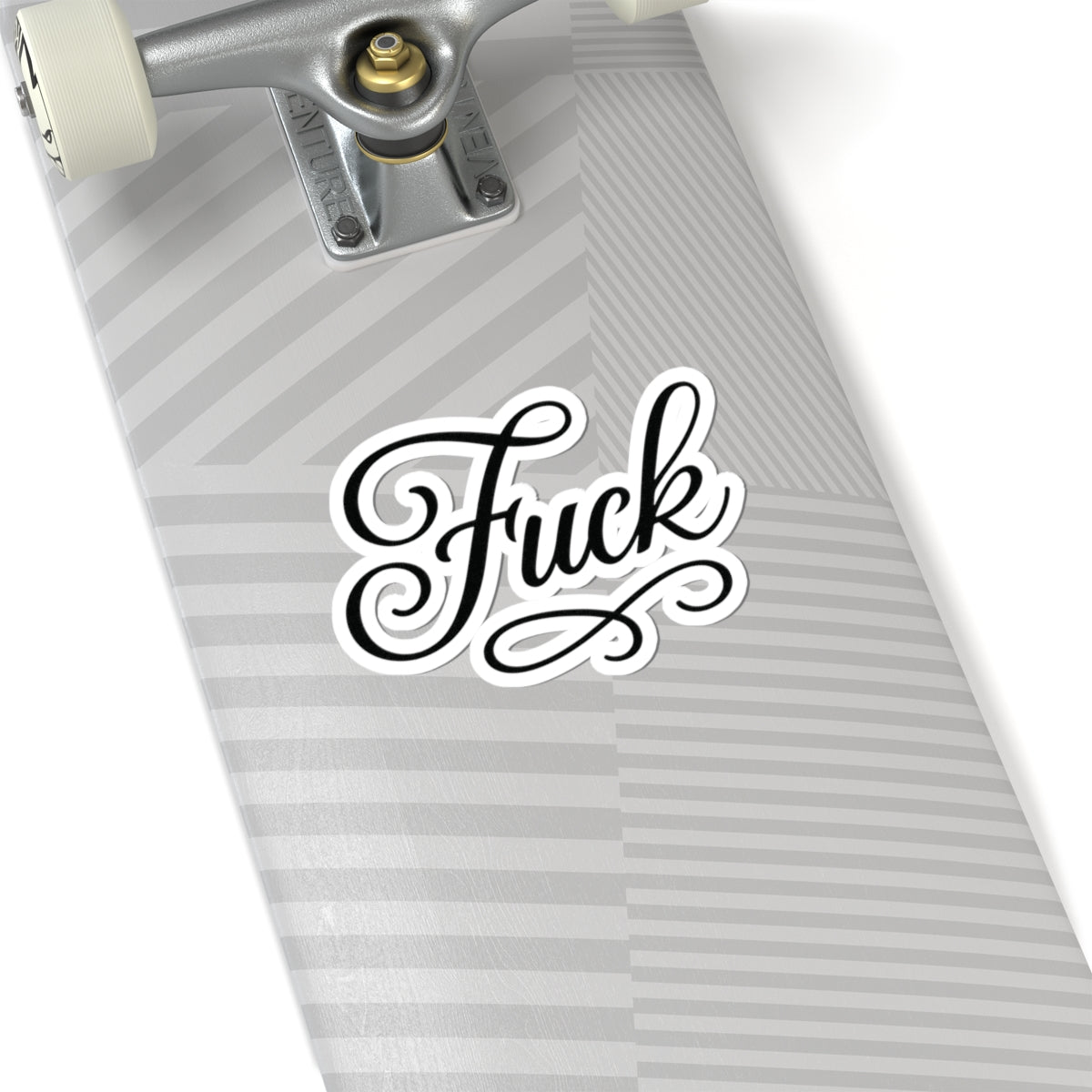 White kiss-cut sticker with decorative black script FUCK lettering