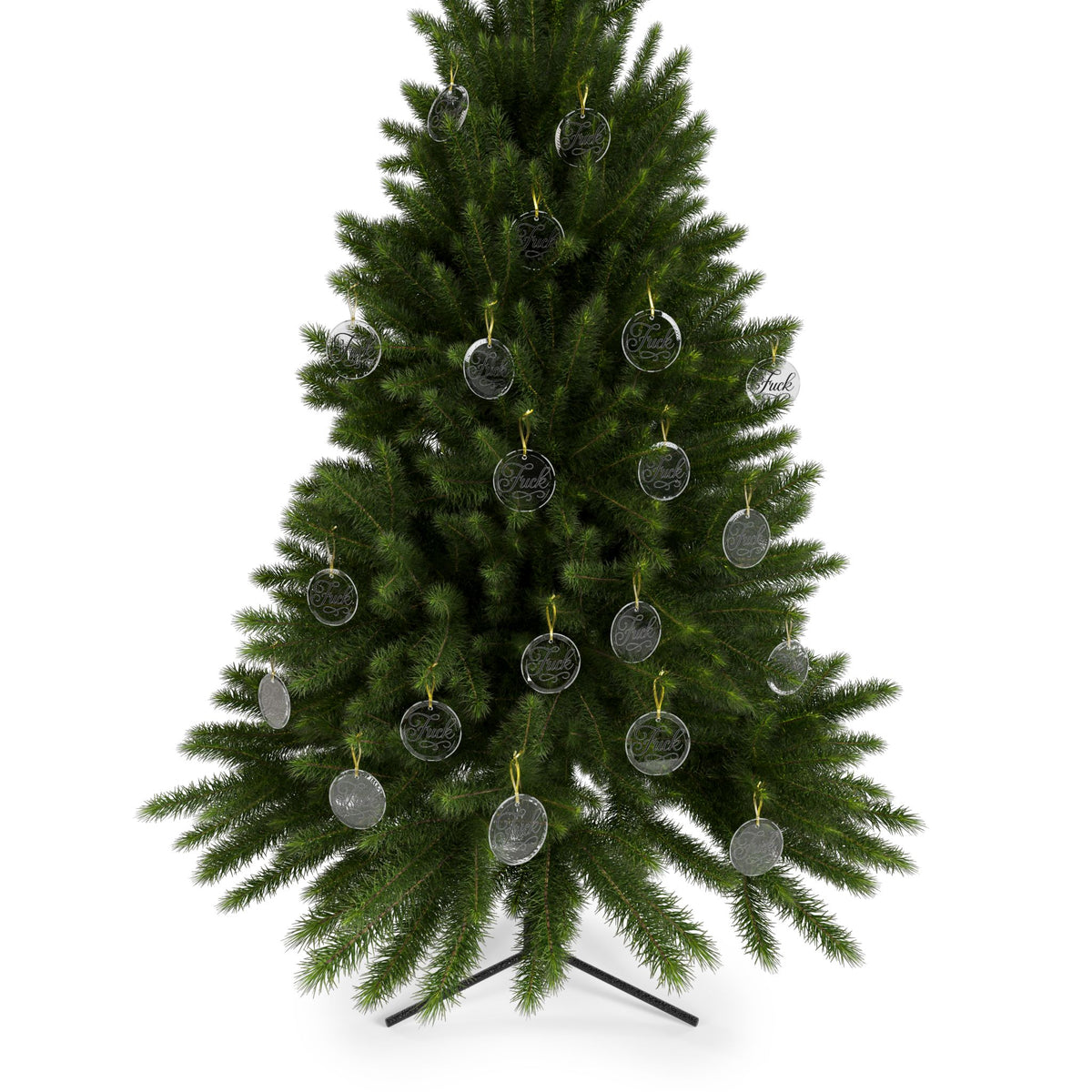 Clear round glass ornament with black script FUCK lettering and gold ribbon