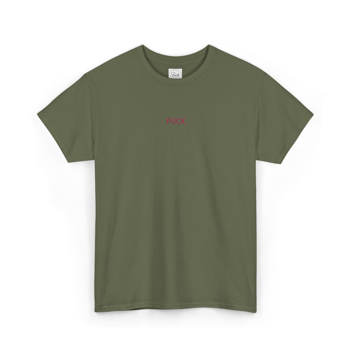 White heavy-cotton T-shirt with tiny pink FUCK embroidery at the chest