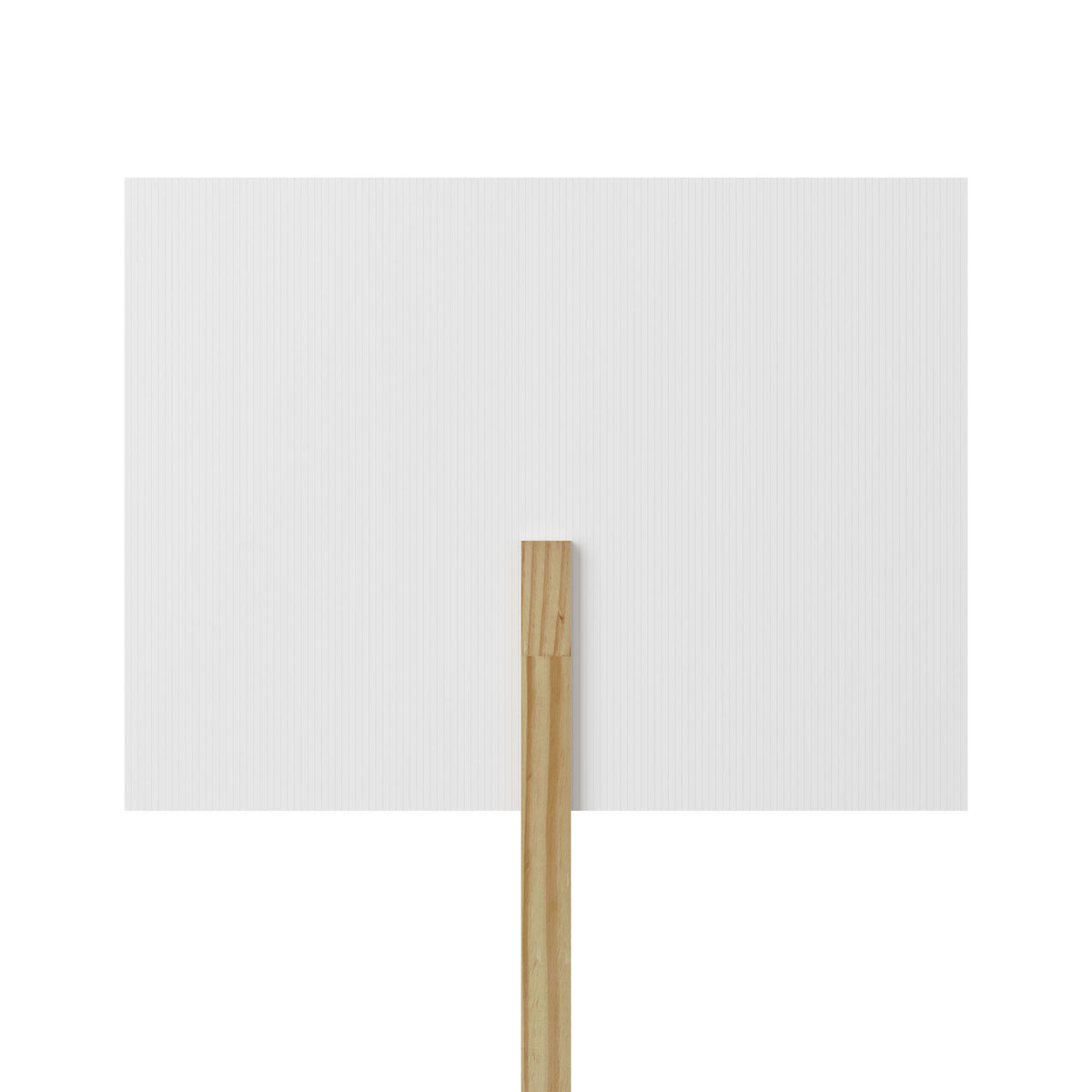 White protest sign with black script FUCK lettering mounted on a pine wood handle