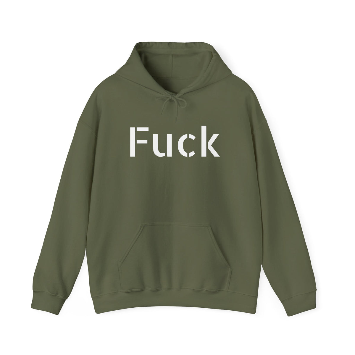 Light blue pullover hoodie printed with large motel-pink FUCK lettering