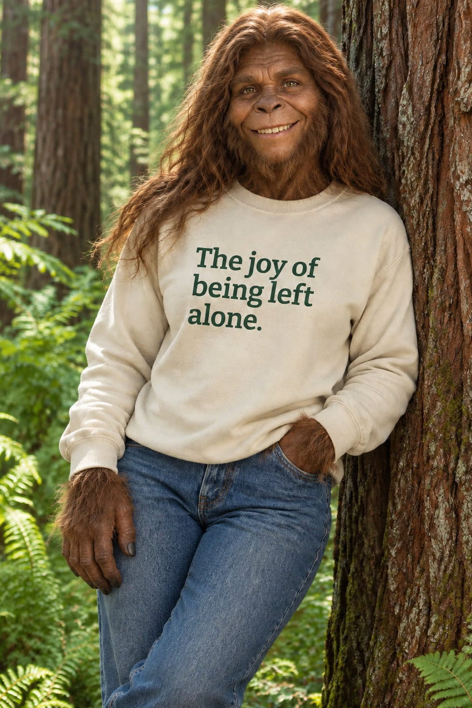 Woman wearing a beige sweatshirt with text and floral design, sitting on a white surface with a plant in the background.