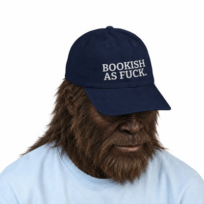 Front view of a black organic cotton cap with white BOOKISH AS FUCK. embroidery.
